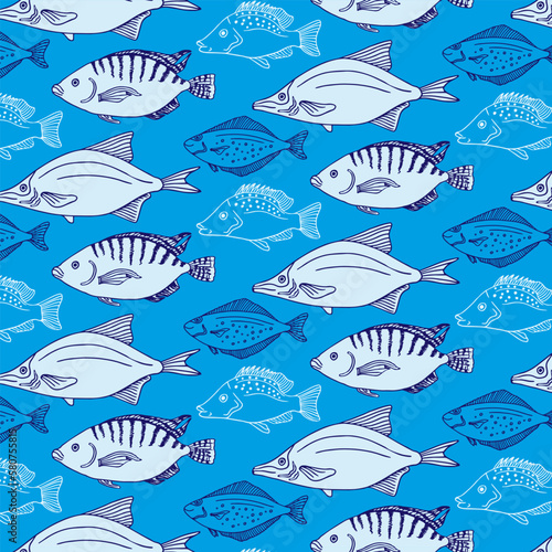 Seamless pattern of sketch vintage fish.Vector