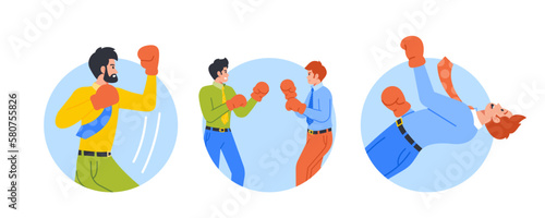 Business Men Boxing Isolated Round Icons. Male Characters Exchanging Fierce Blows And Demonstrating Competitive Spirit