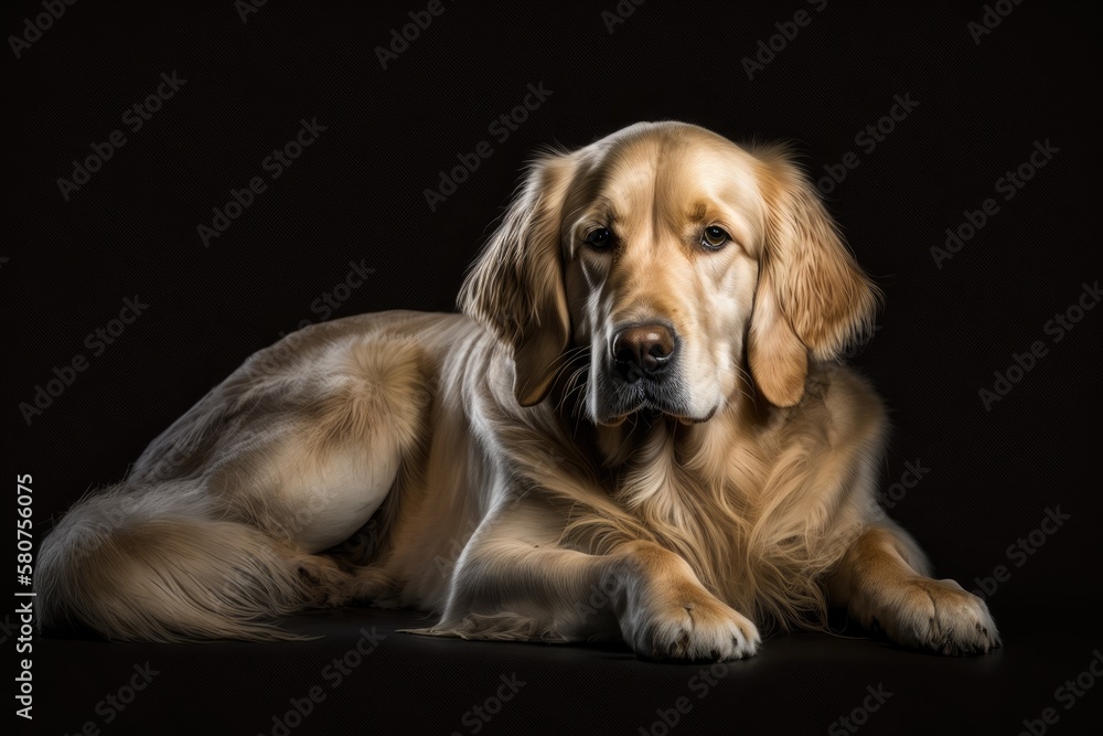 A cute Golden Retriever is lying on a black background in a studio shot. Generative AI A cute Golden Retriever is lying on a black background in a studio shot. Generative AI