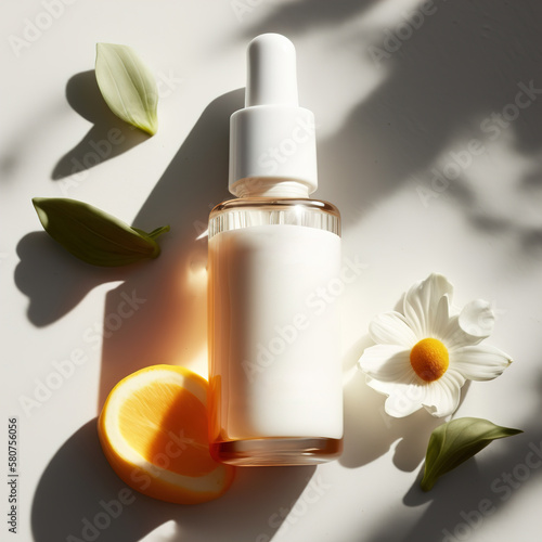 White transparent jar with dropper for cosmetics white label without inscriptions mockup, copy space, sunny day light, deep shadows, flowers and orange on background, Generative AI