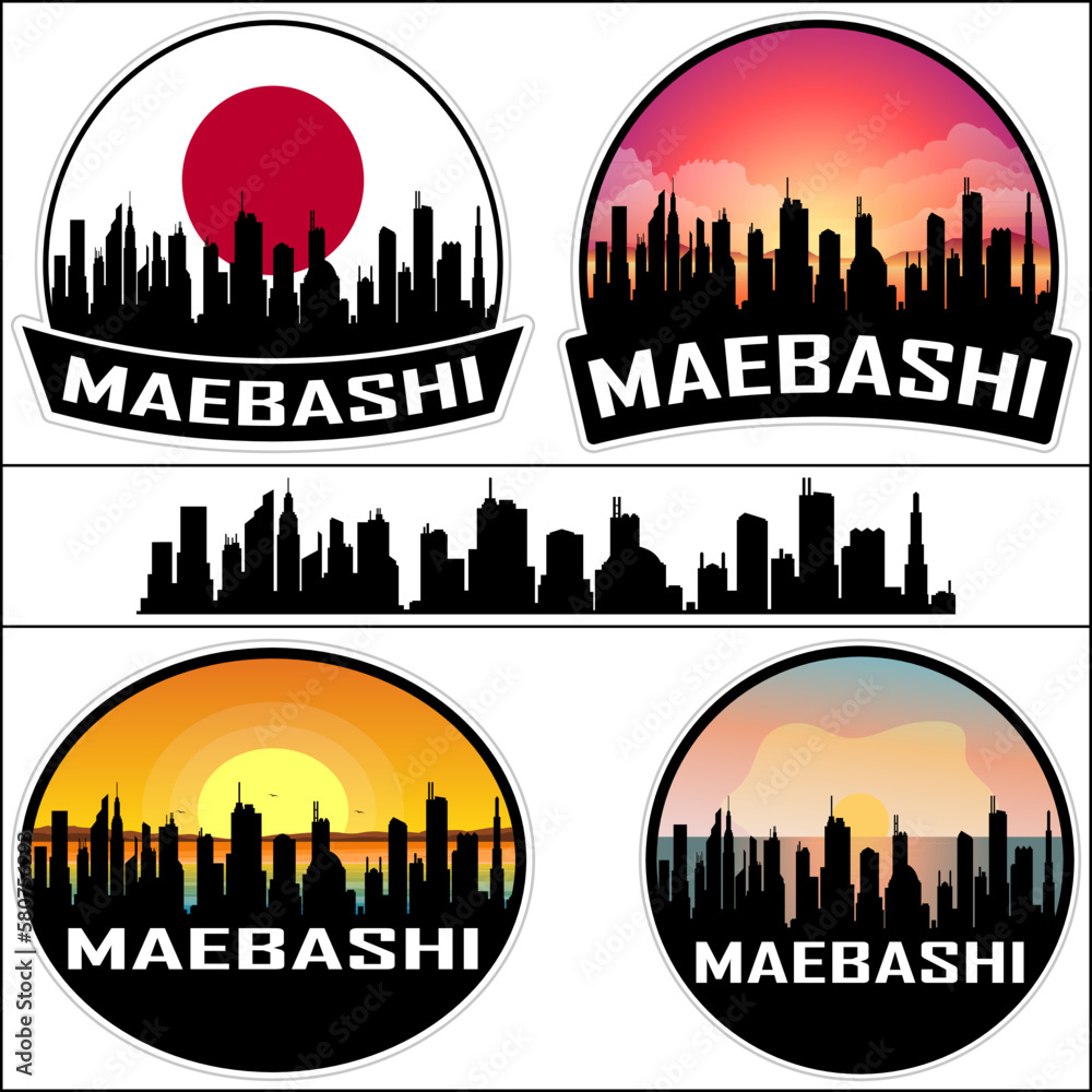 Maebashi Skyline Silhouette Japan Flag Travel Souvenir Sticker Sunset Background Vector Illustration SVG EPS AI