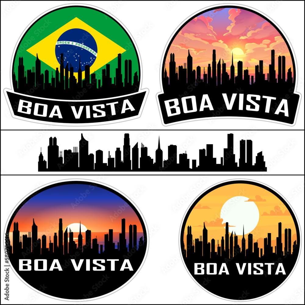 Boa Vista Skyline Silhouette Brazil Flag Travel Souvenir Sticker Sunset Background Vector Illustration SVG EPS AI
