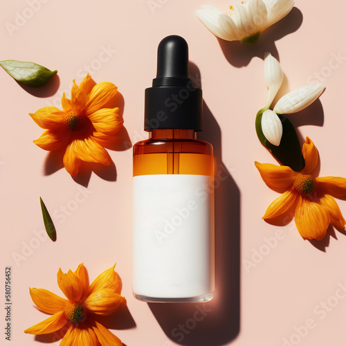 Jar with a dropper for skin care oil lies on a bed in a pink background around yellow and white flowers petals lie, mockup, copy space, clean label. Beauty Cosmetics concept, Generative AI