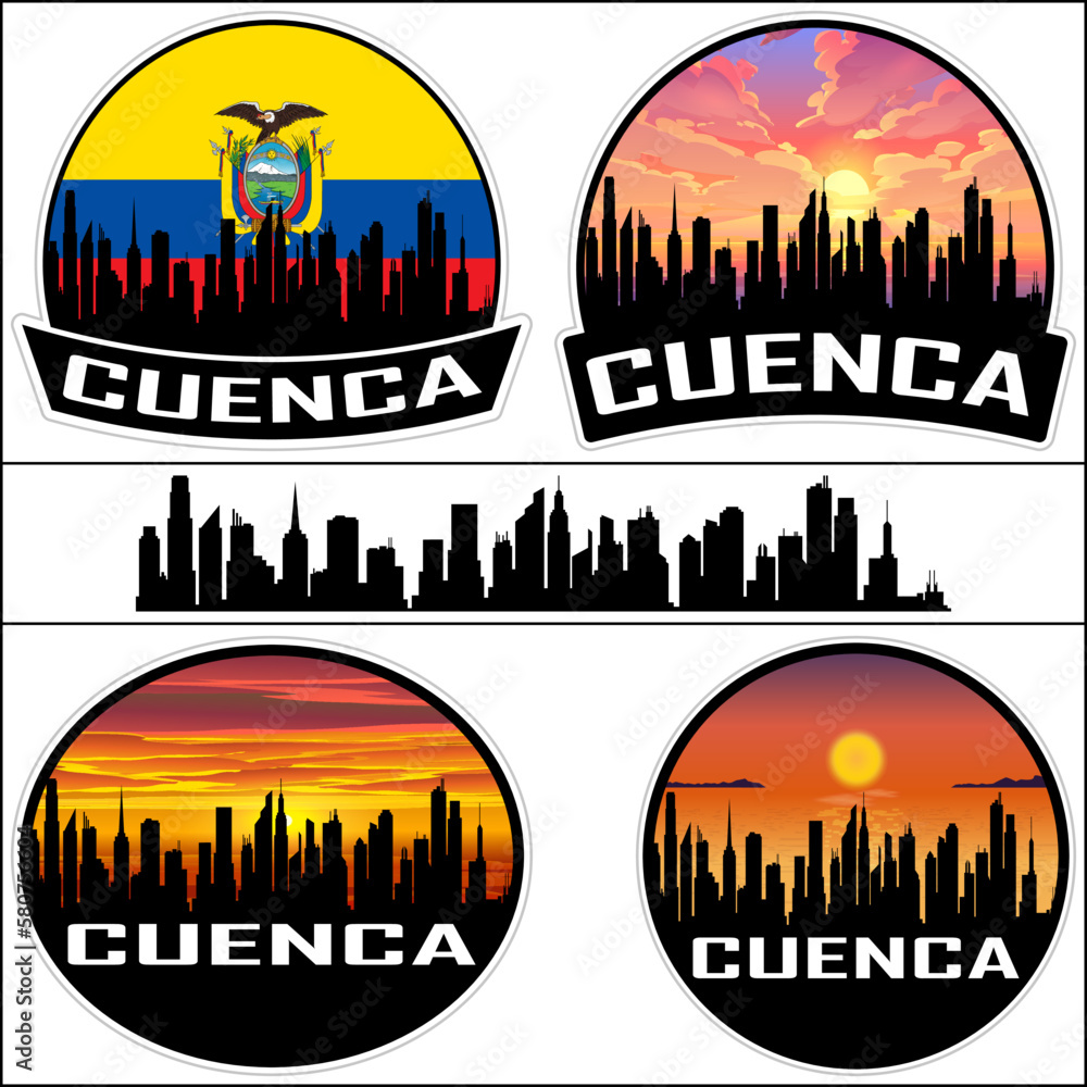 Cuenca Skyline Silhouette Ecuador Flag Travel Souvenir Sticker Sunset Background Vector Illustration SVG EPS AI