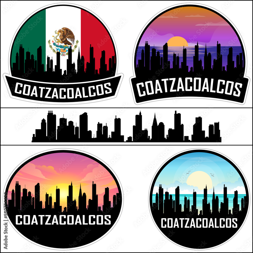 Coatzacoalcos Skyline Silhouette Mexico Flag Travel Souvenir Sticker Sunset Background Vector Illustration SVG EPS AI