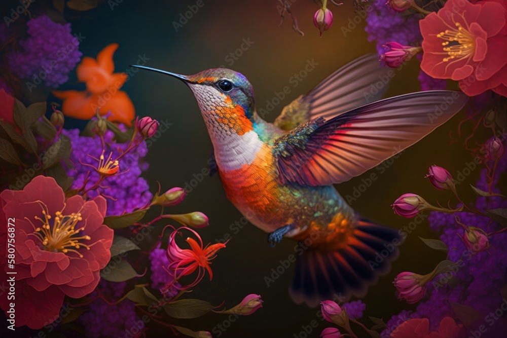 Flying hummingbird among bright spring flowers. Generative AI