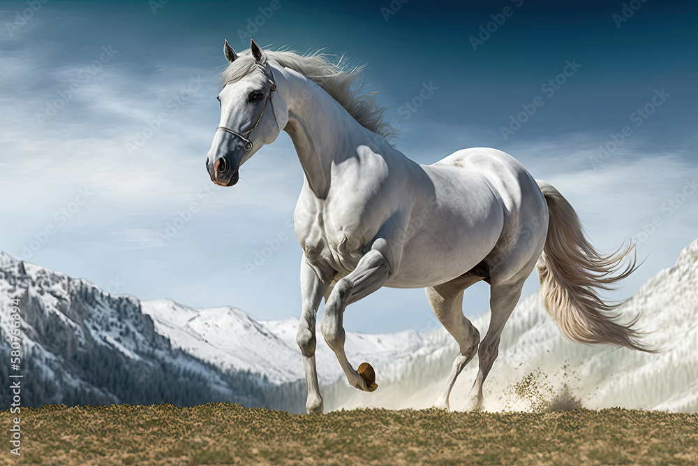 A beautiful white horse stands in a meadow against the backdrop of the Alpine mountains. Generative AI A beautiful white horse stands in a meadow against the backdrop of the Alpine mountains. Generative AI