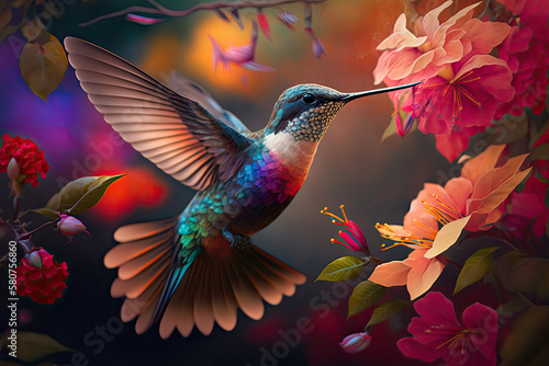 A small tropical bird hummingbird with spread wings flies among the flowers. Generative AI photo