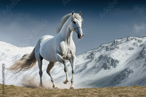 White horse in the meadow, background of the Alpine mountains. Generative AI