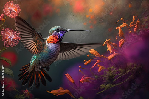 Tropical beautiful bird hummingbird in flight among bright flowers. Generative AI photo