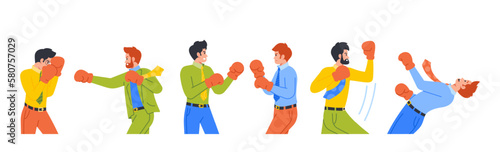 Businessmen Boxing, Struggle For Success In The Corporate World. Characters Display Competitive Spirit And Determination