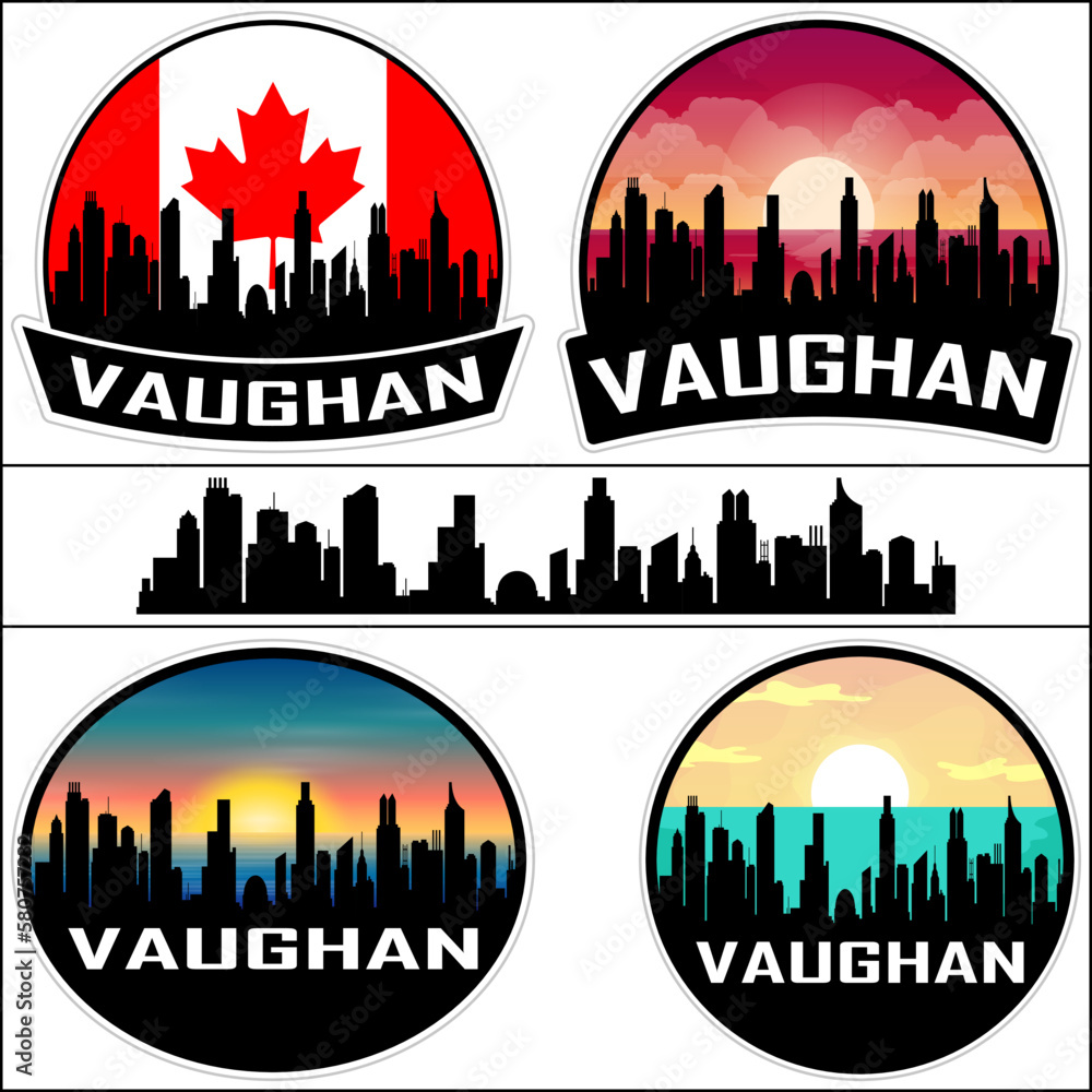 Vaughan Skyline Silhouette Canada Flag Travel Souvenir Sticker Sunset Background Vector Illustration SVG EPS AI