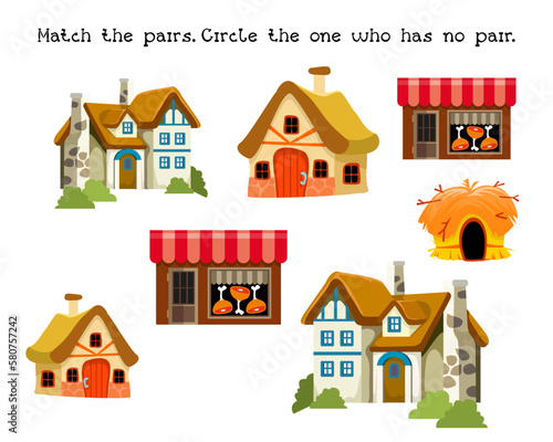 Find pairs. Educational puzzle game for preschoolers. Vector illustrations for worksheets. House, shop, hut, building for people of different classes in the Middle Ages. 