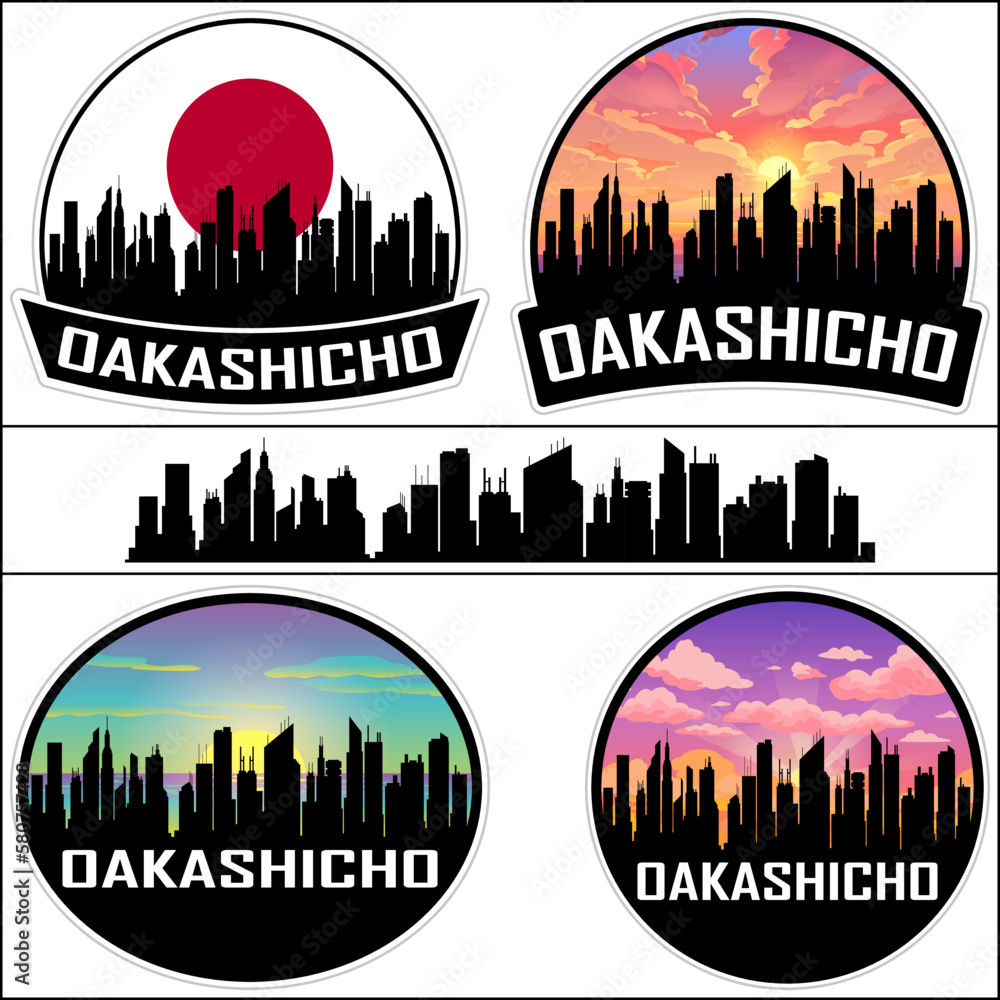 Oakashicho Skyline Silhouette Japan Flag Travel Souvenir Sticker Sunset Background Vector Illustration SVG EPS AI