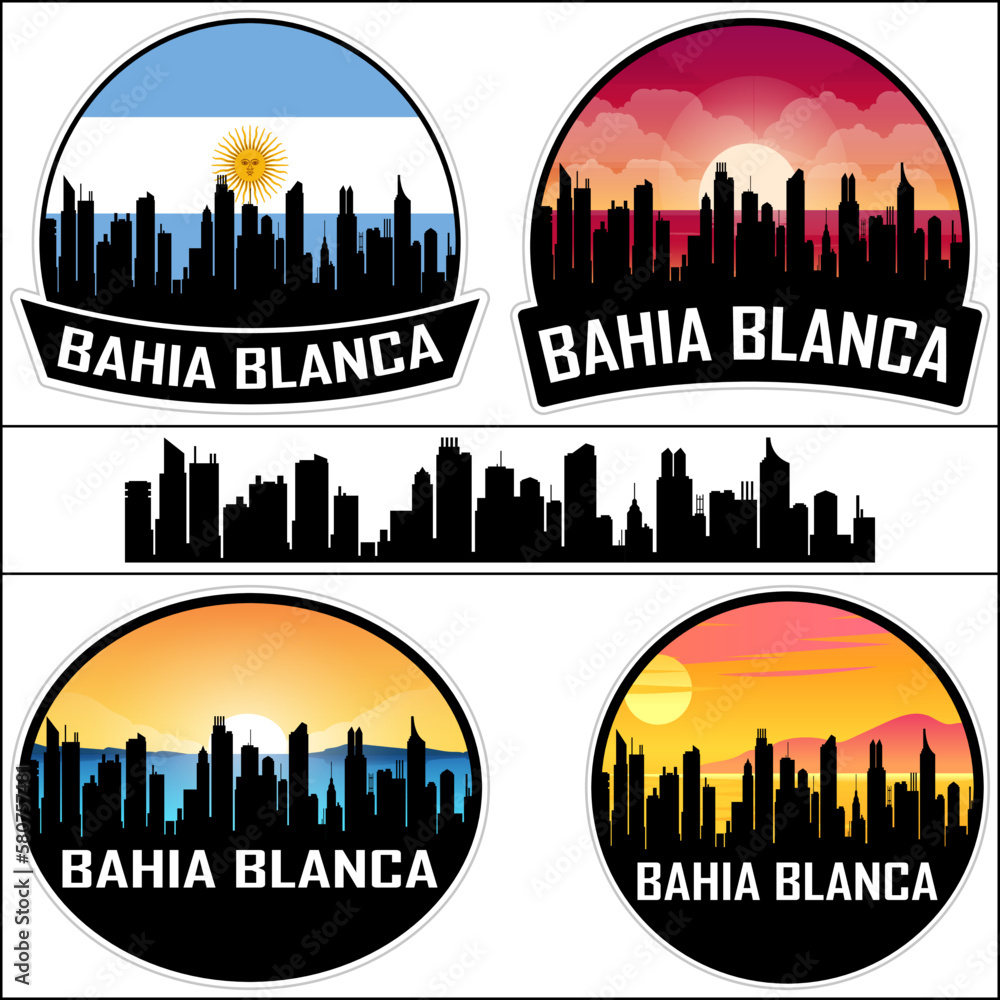 Bahia Blanca Skyline Silhouette Argentina Flag Travel Souvenir Sticker Sunset Background Vector Illustration SVG EPS AI