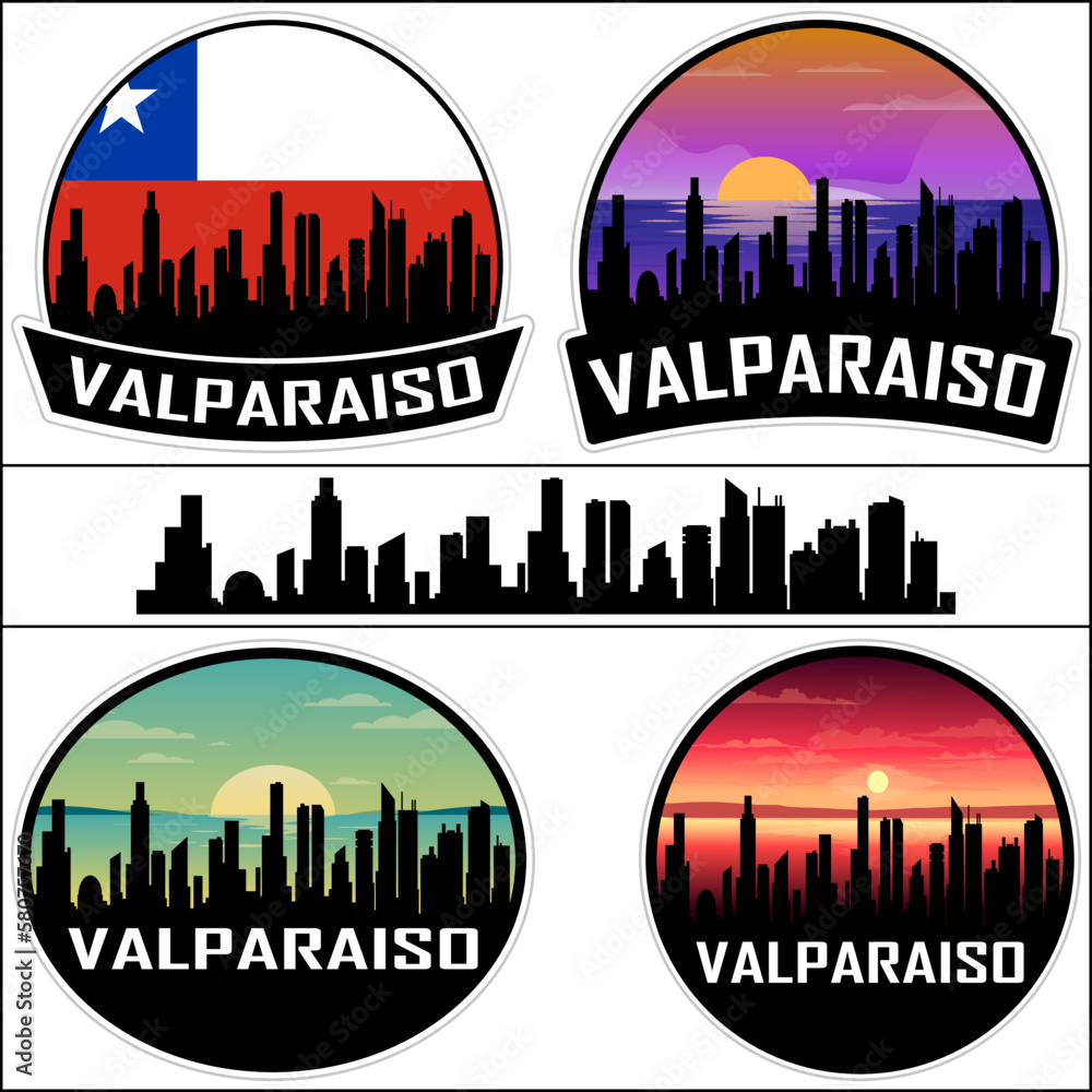 Valparaiso Skyline Silhouette Chile Flag Travel Souvenir Sticker Sunset Background Vector Illustration SVG EPS AI