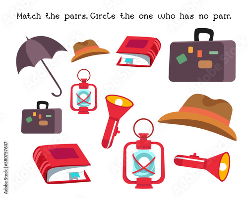 Find pairs. Educational puzzle game for preschoolers. Vector illustrations for worksheets. Objects for detective.
