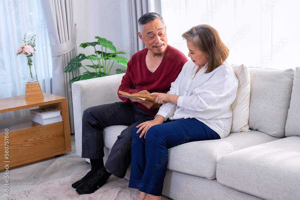 Happy senior couple relaxing sitting on sofa at home husband reading tale story book for wife
