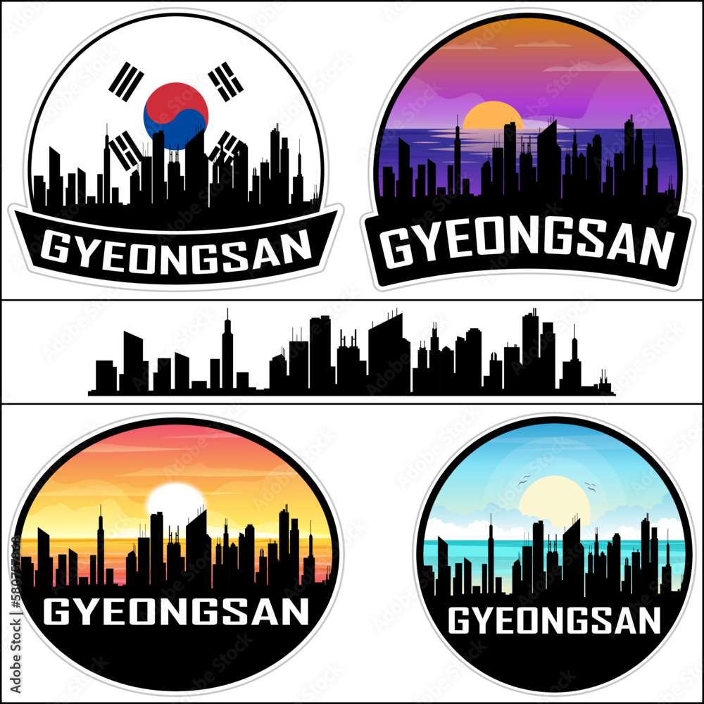 Gyeongsan Skyline Silhouette South Korea Flag Travel Souvenir Sticker Sunset Background Vector Illustration SVG EPS AI