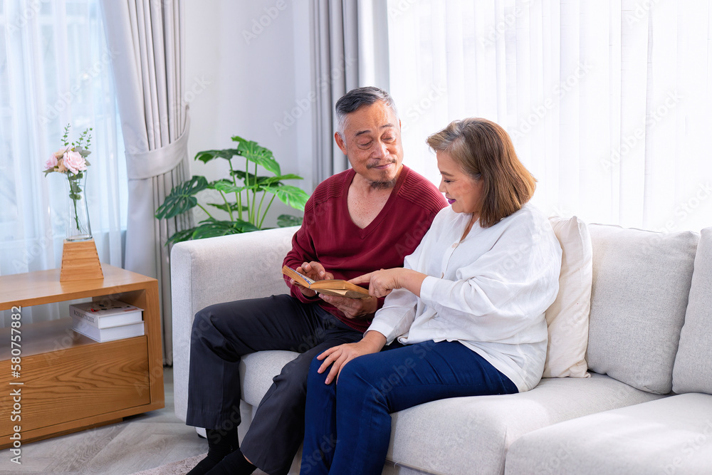 Happy senior couple relaxing sitting on sofa at home husband reading tale story book for wife