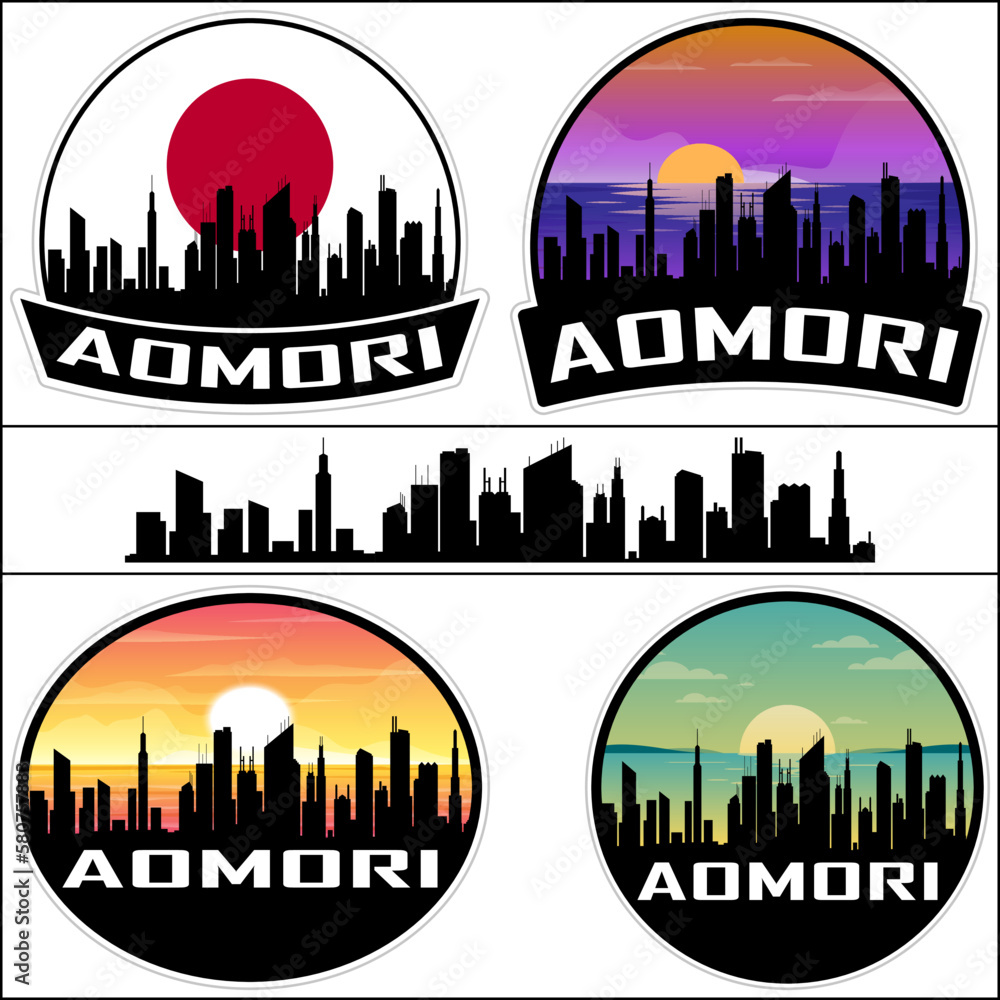 Aomori Skyline Silhouette Japan Flag Travel Souvenir Sticker Sunset Background Vector Illustration SVG EPS AI