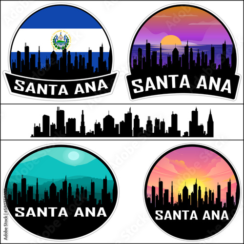 Santa Ana Skyline Silhouette El Salvador Flag Travel Souvenir Sticker Sunset Background Vector Illustration SVG EPS AI