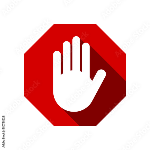 Red Stop Hand Block Octagon Sign or Adblock or Do Not Enter or Forbidden Icon with 3D Style Shadow Effect. Vector Image.