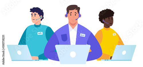 Call center, hotline Customer service, hotline operators consult customers with headsets on computers, 24 7 service customer review rate, experience client best five star, Vector illustration 