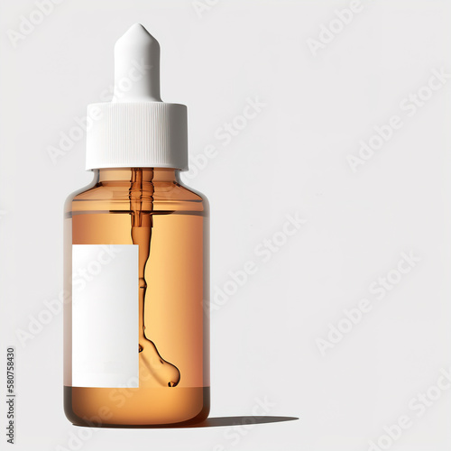 Realistic essential oil bottle. Cosmetic vial, flask. Container for perfume. Medical bank. Cosmetic dropper-bottle for serum. Background with copy space. Generative AI