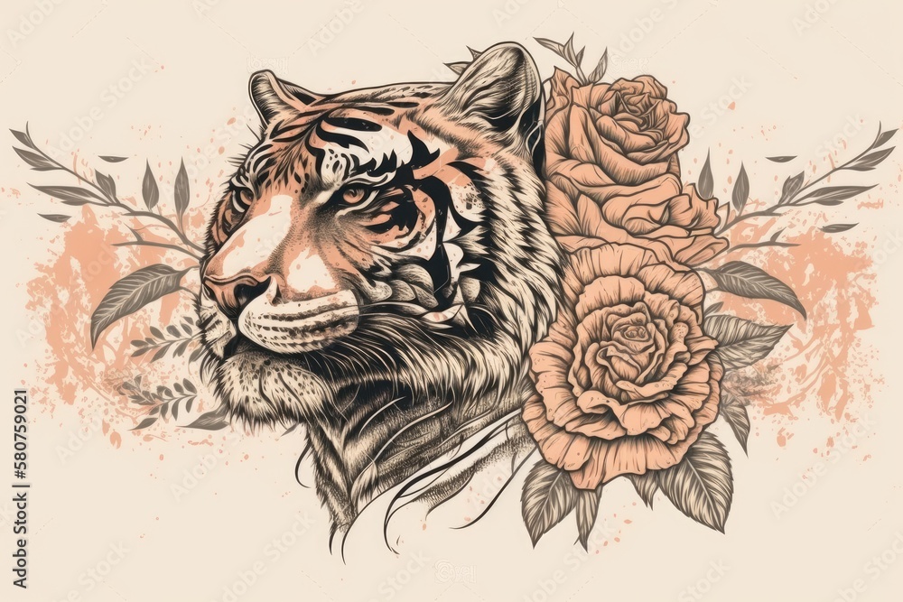 Tiger With Roses Tiger head with roses that was drawn by hand and put on a white ...