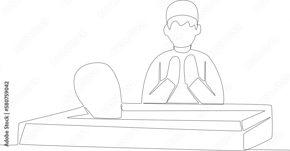 A boy in a hat is praying at the cemetery. One line drawing A boy in a hat is praying at the cemetery. One line drawing