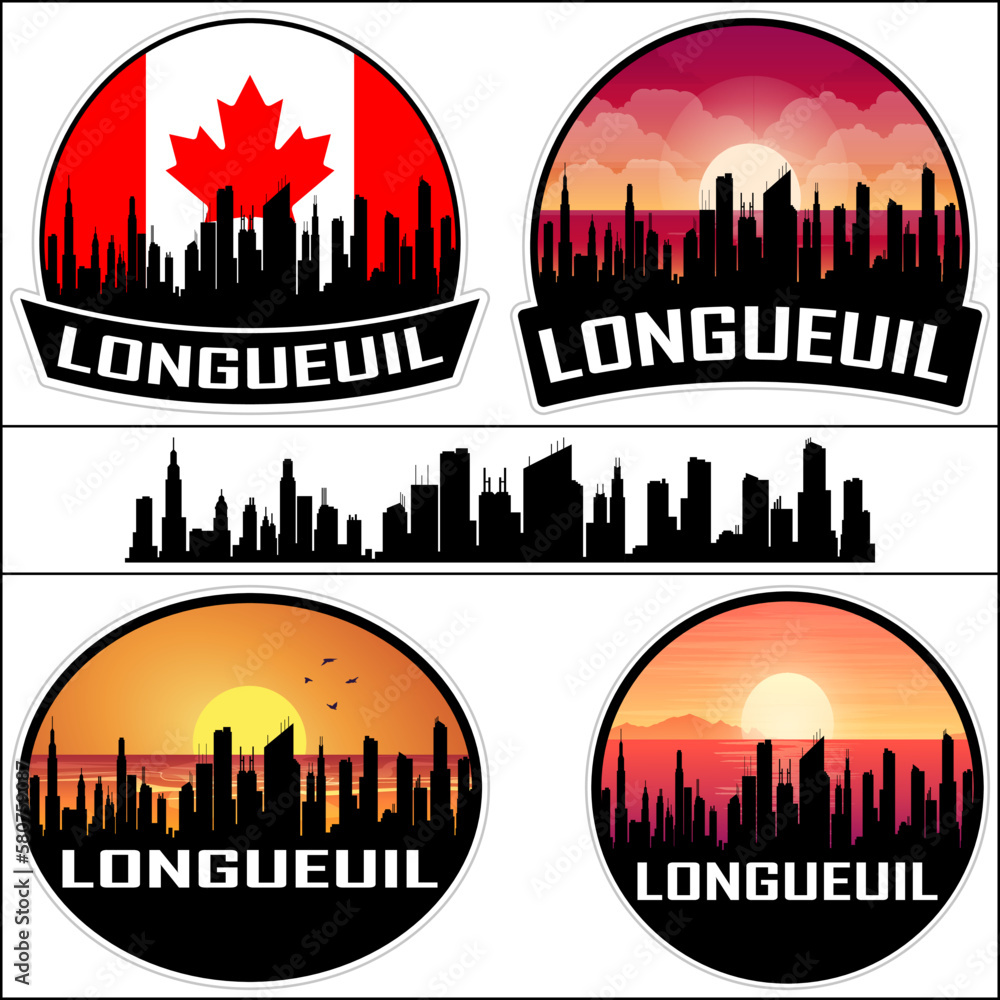 Longueuil Skyline Silhouette Canada Flag Travel Souvenir Sticker Sunset Background Vector Illustration SVG EPS AI
