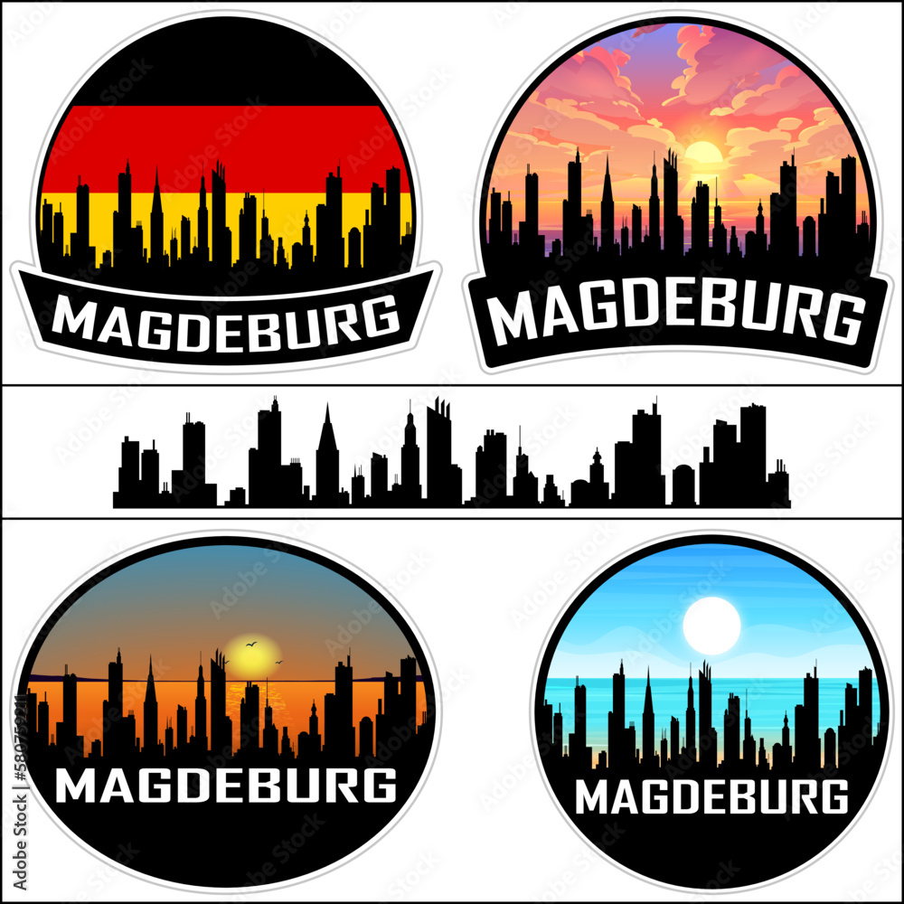 Magdeburg Skyline Silhouette Germany Flag Travel Souvenir Sticker Sunset Background Vector Illustration SVG EPS AI