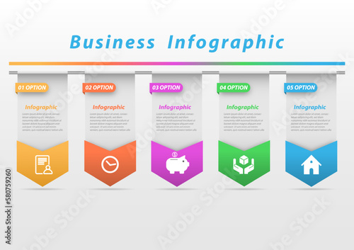 Infographic business 5 options multi colored squares letters and icons For planning, growth, marketing, investment, finance gray background.