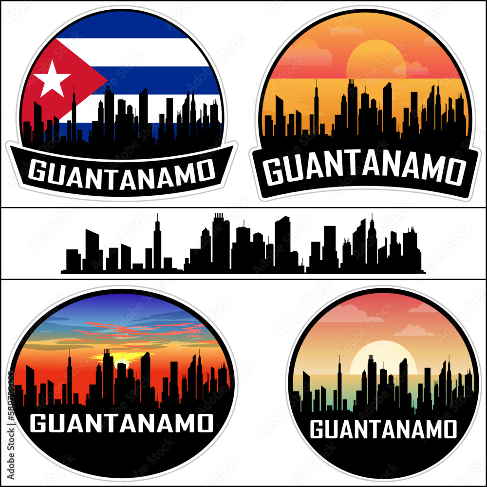 Guantanamo Skyline Silhouette Cuba Flag Travel Souvenir Sticker Sunset Background Vector Illustration SVG EPS AI