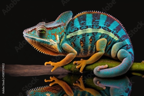 Isolated photo of a colorful lizard or chameleon. Generative AI © AkuAku