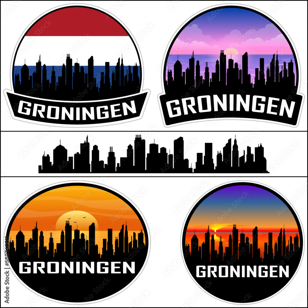 Groningen Skyline Silhouette Netherlands Flag Travel Souvenir Sticker Sunset Background Vector Illustration SVG EPS AI