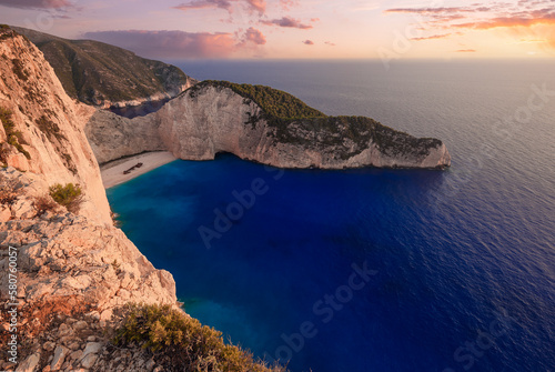 Panoramic view of Navagio beach with the shipwreck in Zakynthos at sunset 