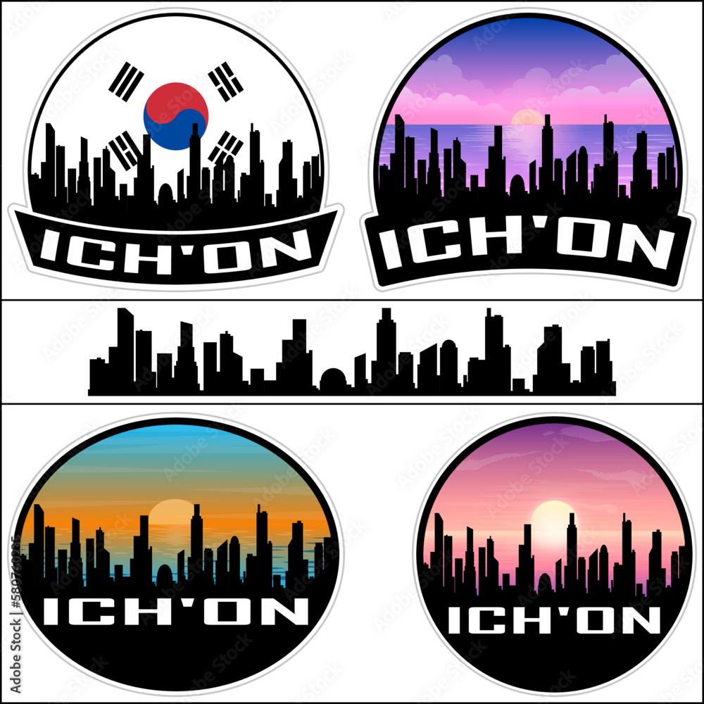 Ich'on Skyline Silhouette South Korea Flag Travel Souvenir Sticker Sunset Background Vector Illustration SVG EPS AI
