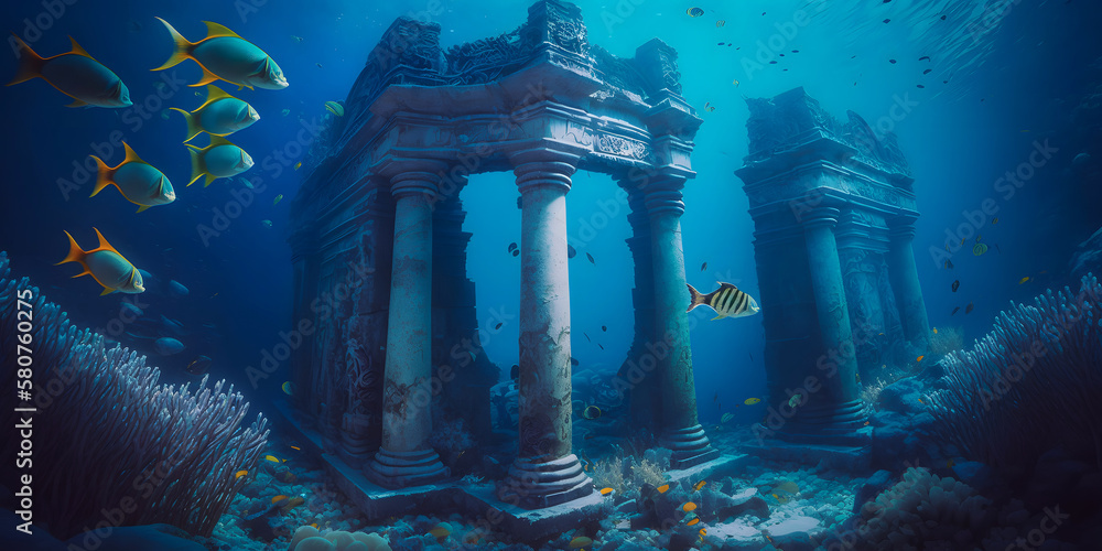 Ruins of Ancient city of Atlantis underwater of mythology. Generation AI
