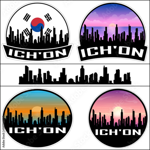 Ich'on Skyline Silhouette South Korea Flag Travel Souvenir Sticker Sunset Background Vector Illustration SVG EPS AI photo