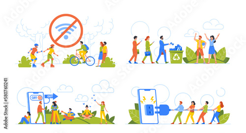 Set Digital Detox With People Turn Off Phones and Exit on Nature. Disconnecting From Technology, Detoxification