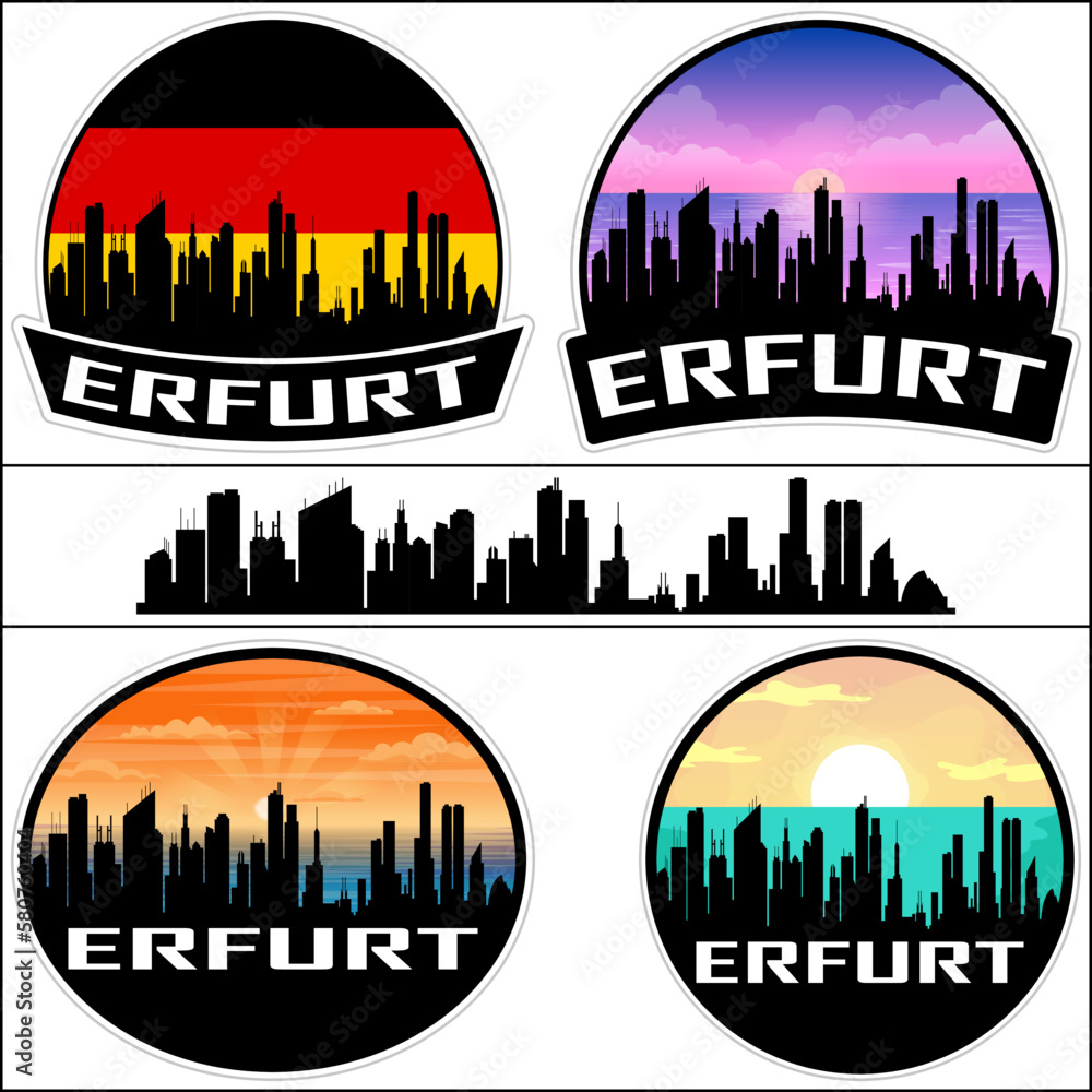 Erfurt Skyline Silhouette Germany Flag Travel Souvenir Sticker Sunset Background Vector Illustration SVG EPS AI
