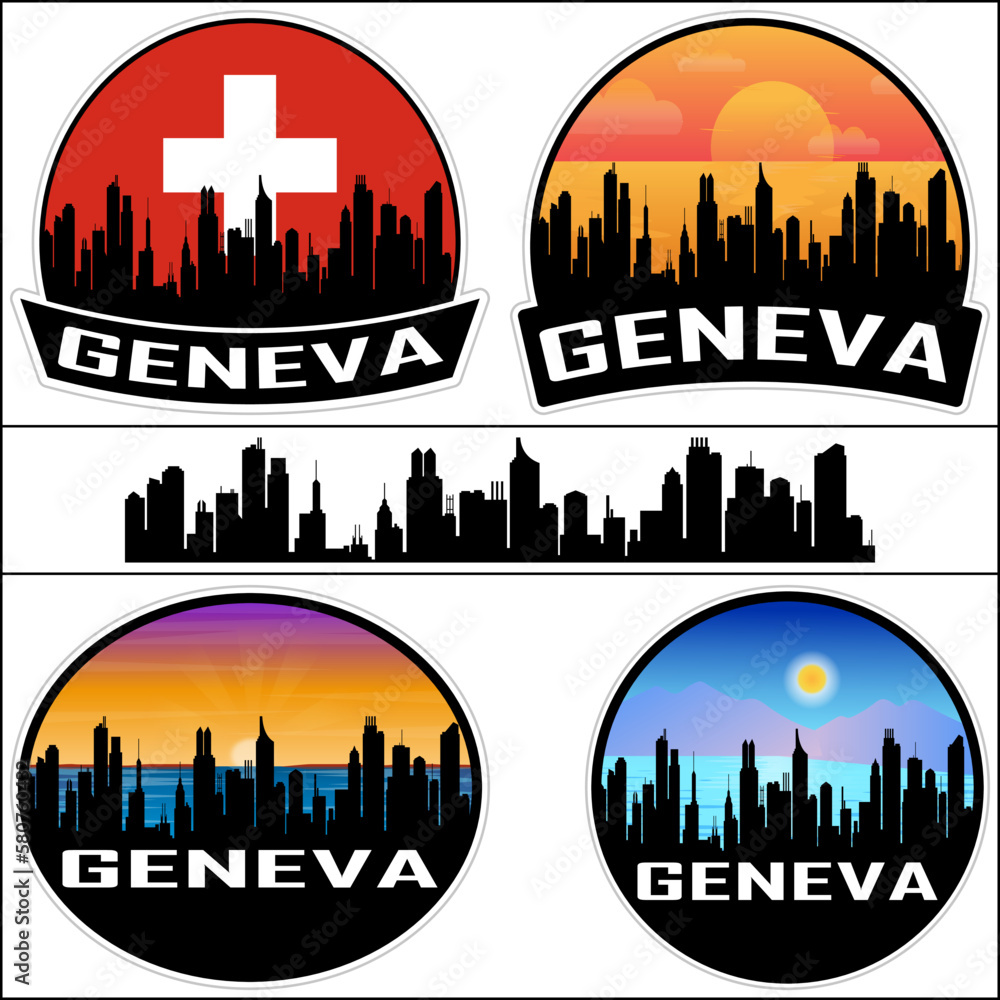 Geneva Skyline Silhouette Switzerland Flag Travel Souvenir Sticker Sunset Background Vector Illustration SVG EPS AI