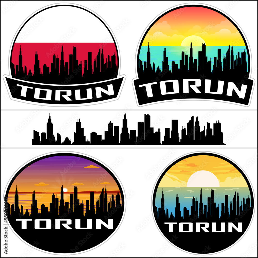 Torun Skyline Silhouette Poland Flag Travel Souvenir Sticker Sunset Background Vector Illustration SVG EPS AI