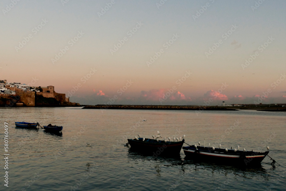 Sunrise over the Bouregreg River overlooking the modern buildings of Rabat, among which the futuristic Mohammed VI tower stands out