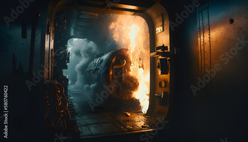 Nuclear military submarine burning, accident fire on underwater ship. Generation AI photo