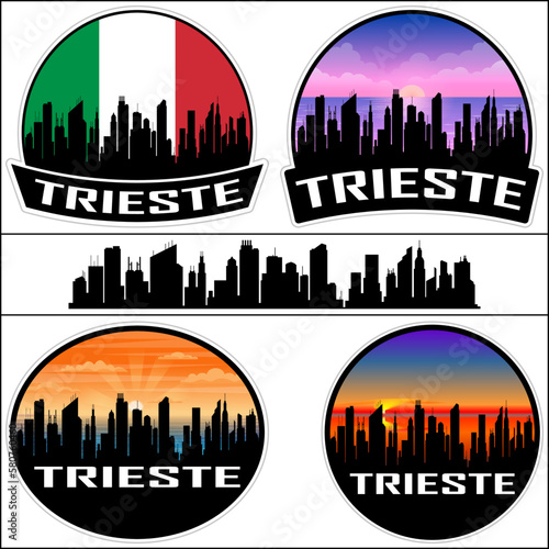 Trieste Skyline Silhouette Italy Flag Travel Souvenir Sticker Sunset Background Vector Illustration SVG EPS AI