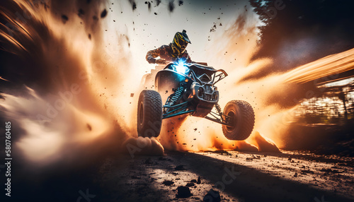 Man jumping atv vehicle on offroad track in touristic tour, extreme sport activities theme. Generation AI photo