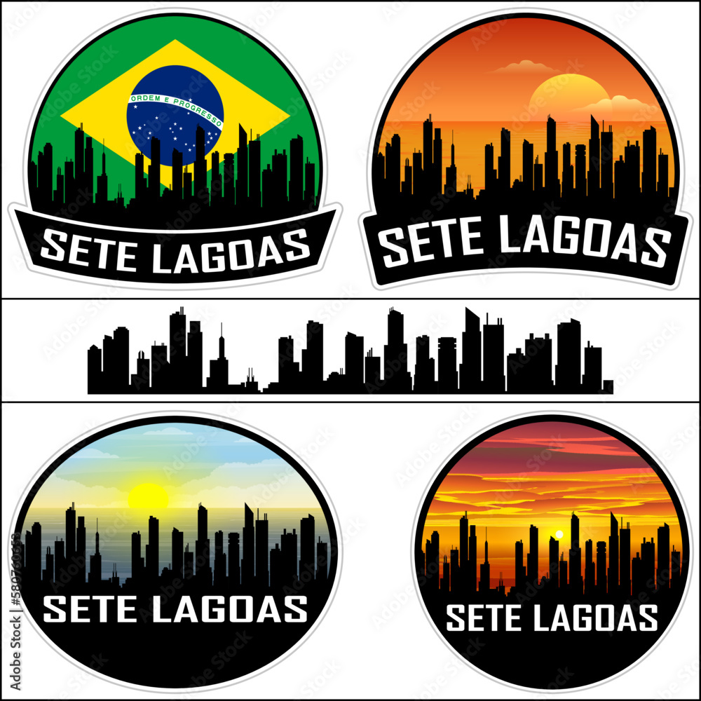 Sete Lagoas Skyline Silhouette Brazil Flag Travel Souvenir Sticker Sunset Background Vector Illustration SVG EPS AI